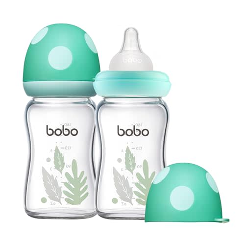 YOHKOH Natural Glass Baby Bottle with Natural Response Nipple, Newborn Anti-Colic Baby Bottles, Wide Neck Mushroom Cap Baby Bottle, Clear ((5.4oz (Pack of 2), Blue-A)