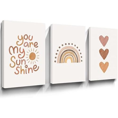 You Are My Sunshine Canvas Wall Art - Heart Nursery Wall Art Boho Wall Art Prints for Girls Room Decor - Boho Sunshine Nursery Decor for Baby Kids Room Decor - Framed