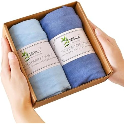 MEILA Bassinet Fitted Sheets Compatible with RONBEI Bassinet & Baby Delight Beside Me Nova, 100% Jersey Cotton Beside Bassinet Sheet for Baby Girl, Pack of 2, 33x20 (Blue+Navy Blue)