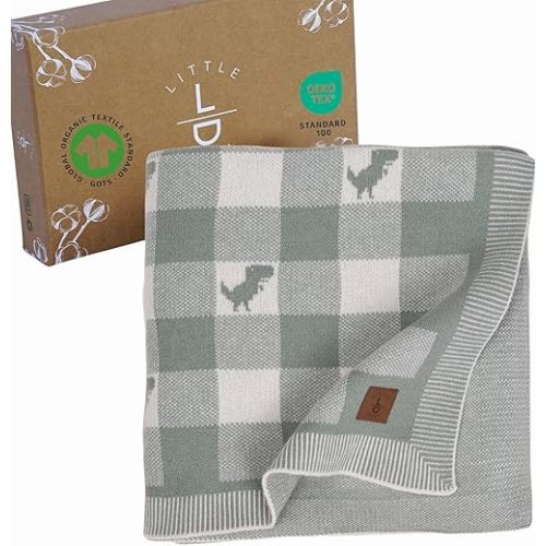 Gender-Neutral Checkered Baby Blanket 30x40 Inches, Green Dinosaur – 100% Organic GOTS Certified Cotton, Soft and Lightweight, Cloud Pattern Design, Perfect for Swaddling
