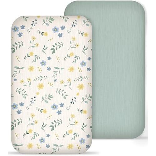 Muslin Bedside Bassinet Sheets 2 Pack, 33x20 Fitted Ultra Soft & Breathable Bedside Sleeper Sheets, Ideal for Baby Girl and Boy, Perfect for Newborns (Spring Garden & Sage)