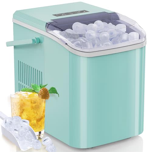 SMUG Countertop Ice Maker, 9 Cubes in 6 Mins, 26lbs in 24Hrs, 2 Sizes of Bullet Ice, Auto-Cleaning, Portable Ice Machine with Handle, Basket and Scoop for Home Kitchen, Party and Camping (Green)