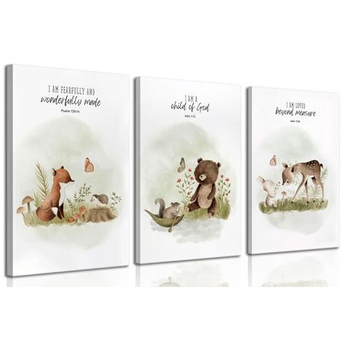 3Pcs Christian Nursery Animal Canvas Wall Art Bible Verse Wall Decor Pictures Religious Watercolor Cute Baby Animals Posters Prints for Kids Boys Girls Room Home Decoration 12x16in
