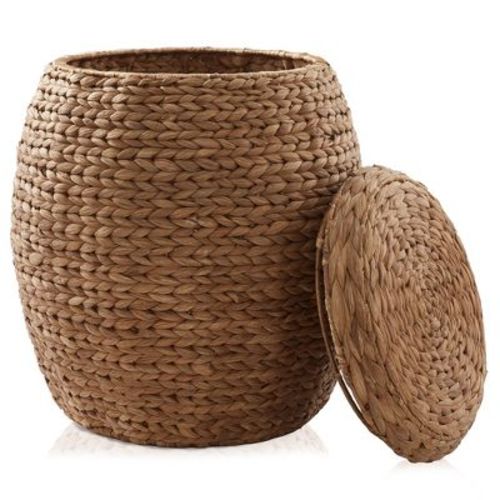 Casafield Round Storage Basket with Lid, Cinnamon - Handwoven Water Hyacinth Hamper for Laundry, Blankets, Plants