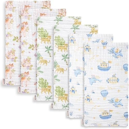 Maliton Muslin Baby Burp Cloths 20" x 10" - Large, 6-Layer, Ultra Absorbent 100% Cotton for Baby Drool & Messes, Soft, Pack of 6, Safe & Gentle Baby Rags for Boys & Girls - Floral