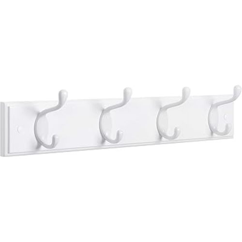 SONGMICS Wall-Mounted Coat Rack, Hook Rack, 4 Dual Metal Hooks, for Coats, Bags, Keys, in the Entryway, Bedroom, Living Room, White ULHR23WT