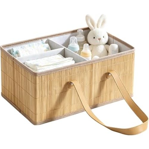 Large Wicker Baby Diaper Caddy Organizer, Bamboo Storage Basket with Removable Dividers, Wooden Nursery Bin for Portable Car, Boho Diaper Basket with Handles