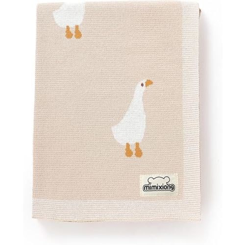 mimixiong Baby Blanket Knit Receiving Boys Girls Blanket Soft Cotton Neutral Blanke for Swaddle Crib Stroller with Cute Goose Beige 30x40 Inch