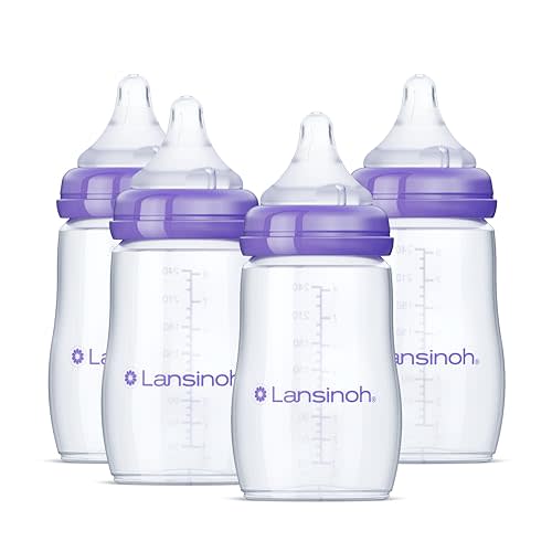 Lansinoh Anti-Colic Baby Bottles for Breastfeeding Babies, 8 Ounces, 4 Count, Includes 4 Medium Flow Nipples, Size M