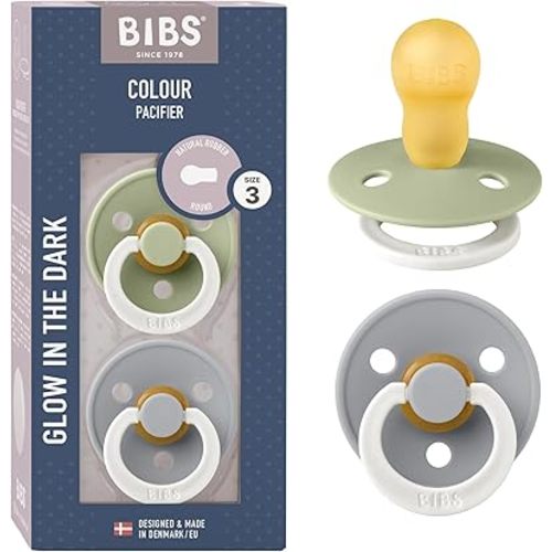BIBS Pacifiers Colour Collection | Natural Rubber Baby Pacifier | Set of 2 BPA-Free Soothers | Made in Denmark | 18+ Months (Pack of 2) | Sage Night/Cloud Night