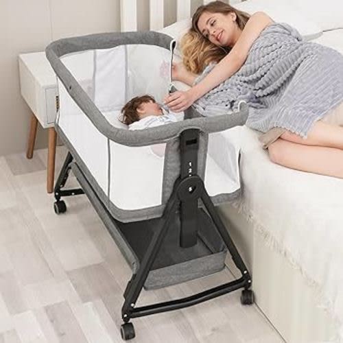 Jestonten 3 in 1 Baby Bassinet Bedside Sleeper for Baby,Bedside Cribs with Storage Basket and Wheels for Newborn, Easy Folding Bassinet for Baby and Safe Co-Sleeping,Adjustable Portable Bassinet(Grey)