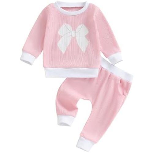 Rtnnsbbfcm Toddler Baby Girl Fall Clothes Long Sleeve Bow Print Sweatshirt Top Pants 2Pcs Waffle Knit Outfit