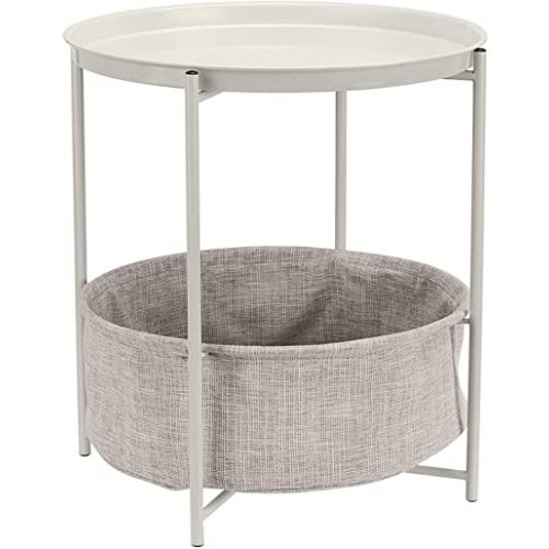 Amazon Basics Round Storage End Table, Side Table with Cloth Basket, White/Heather Gray, 17.7 in x 17.7 in x 18.9 in