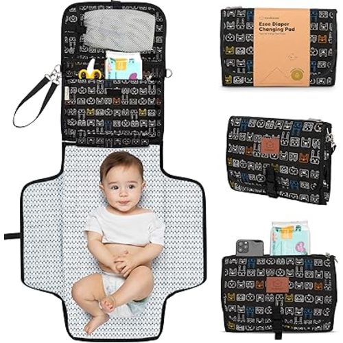 KeaBabies Portable Diaper Changing Pad - Large Waterproof Baby Changing Mat, Compact Travel Diaper Clutch, Functional Pockets Fit Newborn Essentials, Wipeable & Padded Baby Changer (Pixel)