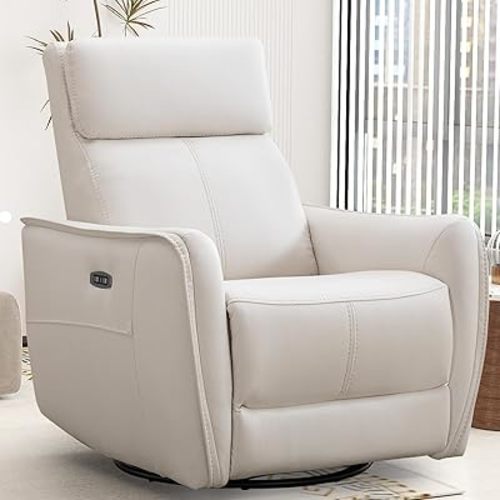 Bonzy Home Power Swivel Rocker Recliner Chair with USB Port, Wide Seat, Head & Lumbar Support, Upholstered Glider Chair for Living Room, Nursery, Bedroom, Cream White
