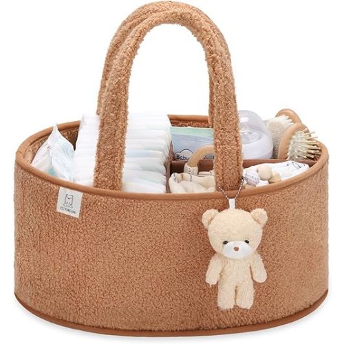 CLYMENE Baby Diaper Caddy Organizer, Nursery Storage Basket for Diapers and Wipes - Newborn Changing Table Essentials, Baby Gift Registry for Baby Shower - Diaper Tote Bag for Car Travel - Brown Beige