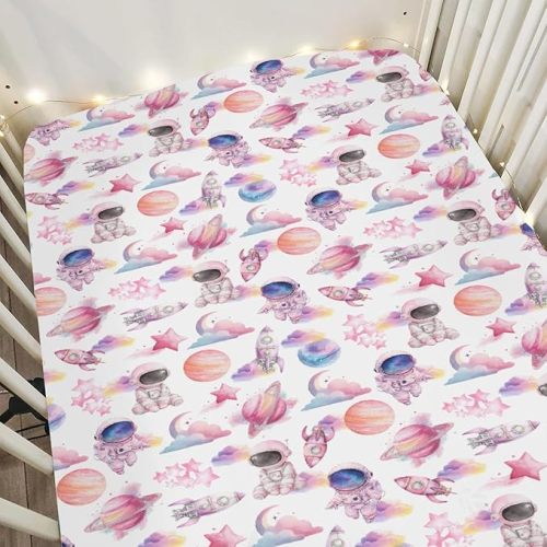 Watercolor Outer Space Baby Crib Sheets for Boy Girl 52x28Inch Cute Astronaut Rocket Planet Moon Soft Snug Fitted Crib Mattress Cover Pastel Cosmos Baby Sheet for Standard Crib & Toddler Mattress Pink