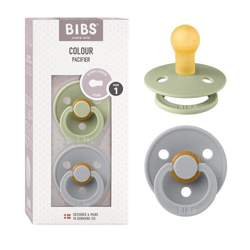 BIBS Pacifiers | Natural Rubber Baby Pacifier | Set of 2 BPA-Free Soothers | Made in Denmark | Sage/Cloud 0+ Months (Pack of 2)