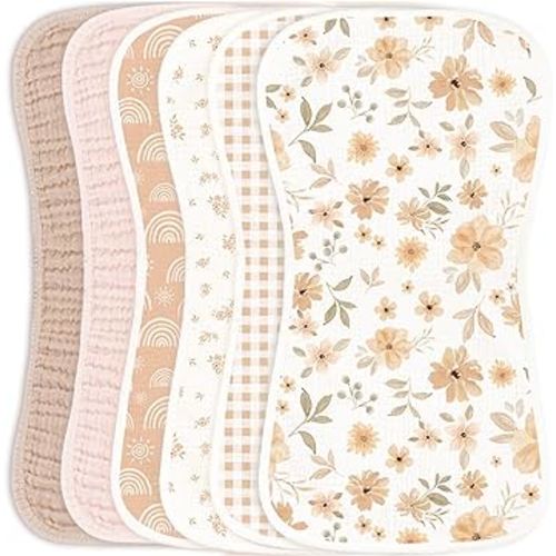 Konssy Muslin Baby Burp Cloths Sets for Unisex- 6 Pack Large 100% Cotton Adorable Printed Burping Clothes for Newborn, Baby Girls and Boys