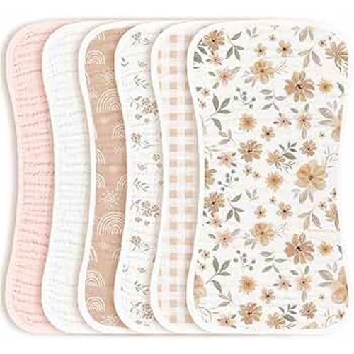 Konssy Muslin Baby Burp Cloths Sets for Unisex- 6 Pack Large 100% Cotton Adorable Printed Burping Clothes for Newborn, Baby Girls and Boys