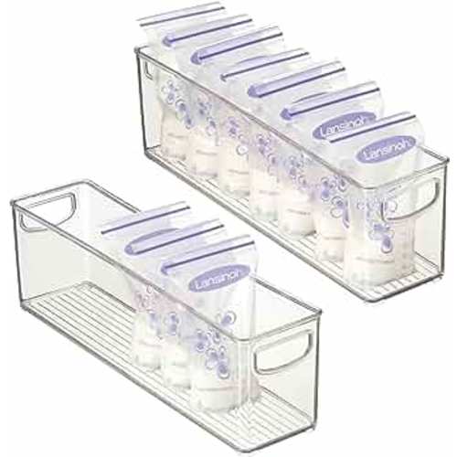 mDesign Plastic Long Stackable Storage Organizer Container, Organization Bin w/Handles for Kitchen, Pantry, Fridge, Freezer, Cabinet, Perfect to Hold Breast Milk - Ligne Collection - 2 Pack, Clear