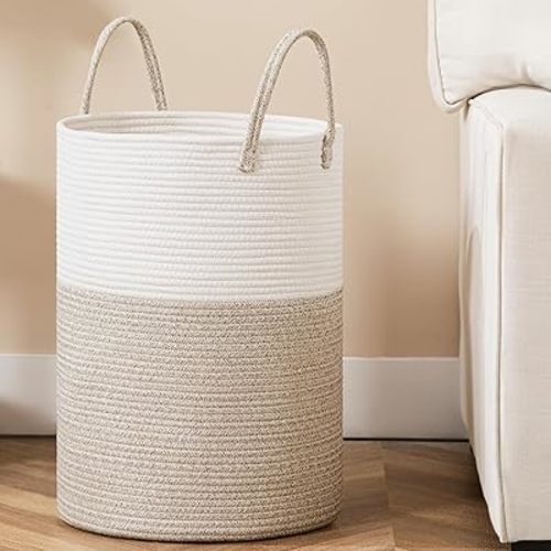 Laundry Basket, 72L Woven Laundry Hamper, Baby Nursery Hamper for Toys, Blanket Basket for Living Room, Clothes Hamper for Bedroom&Baby Room, Brown & White