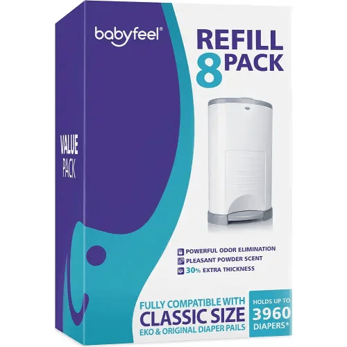 Babyfeel Refills Compatible with DEKOR CLASSIC Diaper Pails | 8 Pack | Exclusive 30% Extra Thickness | Diaper Pail Refills with Powerful Odor Elimination | Powder Scent | Holds up to 3960 Diapers