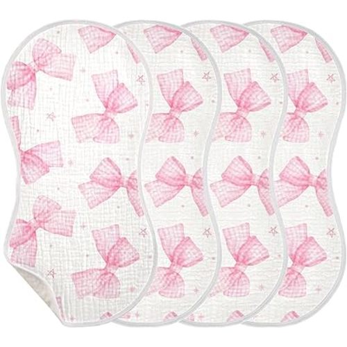 Bows Pinks Cute Burp Cloths Baby Boys Girls Absorbent Soft Cotton Burping Cloths Rags, 4 Pack