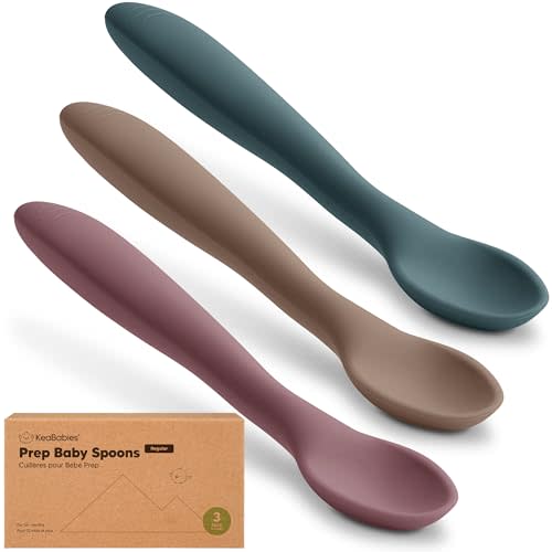 KeaBabies Silicone Baby Spoons, Self Feeding 6-12 months - 3-Pack Baby Weaning Eating Utensils, Toddler First Food Training Spoon, Infant, Kids Feeding Supplies Essential Set, Dishwasher-safe (Rocky)