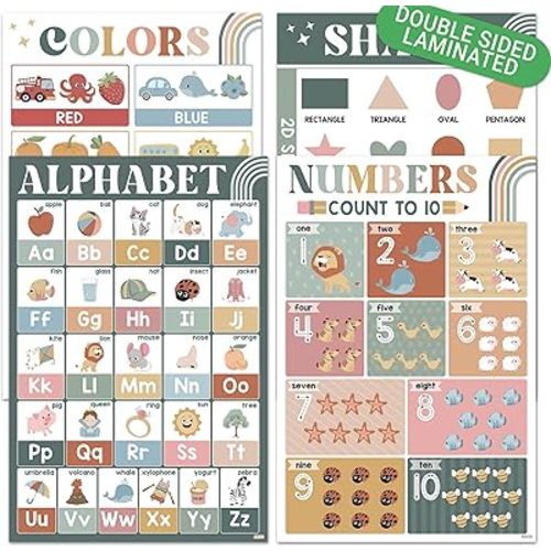 BEAWART ABC Alphabet Poster 16x24, Modern Boho Educational Posters for Toddlers 1-3 (Pack 4), Color Shape Number Chart for Classroom Decor, Learning Posters for Preschoolers, Homeschool Supplies, Double Laminated