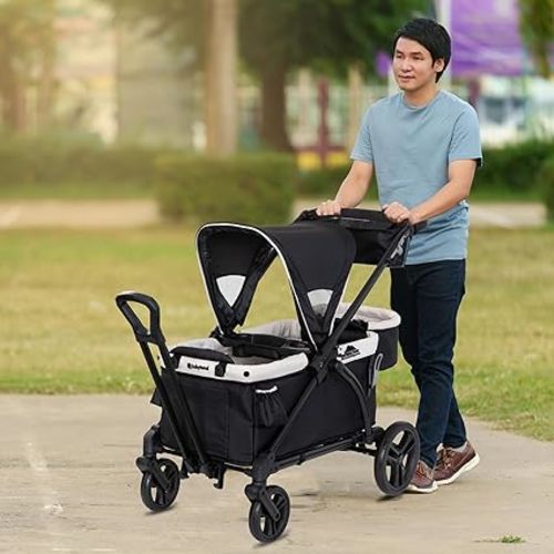 Baby Trend Expedition 2-in-1 Collapsible Stroller Wagon Plus with Canopy, Storage Basket, 2 Storage Trays, and 6 Bottle Holders, Modern Khaki