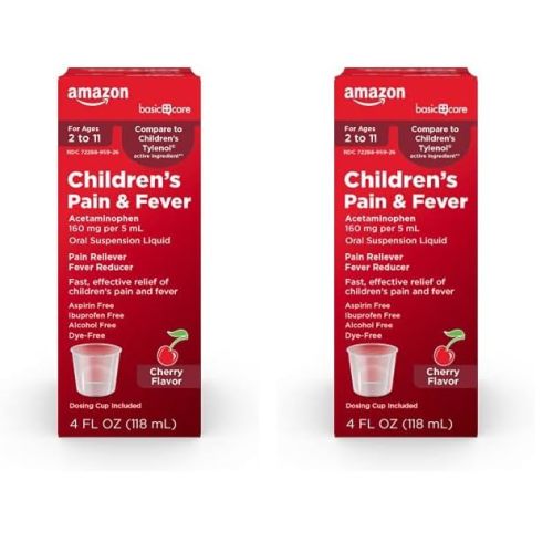 Amazon Basic Care Children's Pain Reliever & Fever Reducer, Acetaminophen 160 mg per 5 mL Oral Suspension Liquid, Dye-Free Cherry Flavor, 4 fl oz (Pack of 2)