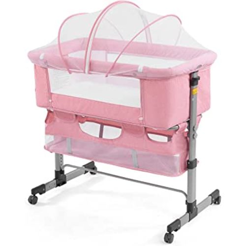 3 in 1 Travel Baby Crib,Baby Bed with Breathable Net,Adjustable Portable Bed for Infant/Baby with Detachable Mosquito net and Mattress,Pink