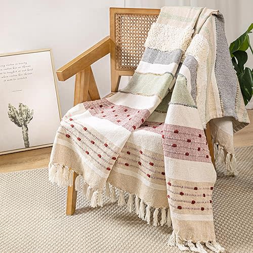 AELS Decorative Boho Striped Textured Throw Blanket with Fringes & Tassels 50" x 60" for Couch Sofa Bed, Mid Century Tufted Blanket, Colorful, Fringed Bohimian Throw Blanket