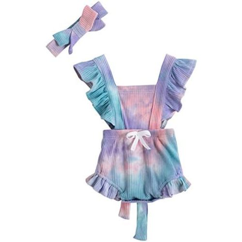 Newborn Baby Girl Romper Tie Dye Bodysuit Toddler Ruffle Sleeveless Jumpsuit Outfit With Headband