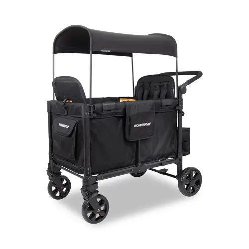 WONDERFOLD W4 Elite Pro Stroller Wagon (4 Seater) - Collapsible Wagon Stroller with Seats with 5-Point Harnesses, Adjustable Push Handle, and Adjustable Sun Canopy, Jet Black