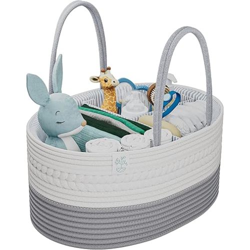 KiddyCare Woven Diaper Caddy Basket with Handle Lid | Diaper Caddy Basket with Dividers for Baby Boy/Girl, Diaper Tote Bag for Bady Storage for Car | Baby Nursery Canvas Caddy | Gray Regular