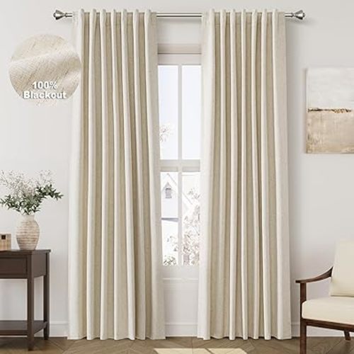 Nanspring Tan Beige Linen Blackout Curtains 84 Inches Long Back Tab Burlap Flax Bedroom Blackout Curtains 2 Panel Sets Rustic Farmhouse Full Light Blocking Thermal Insulated Curtains 84 Inch Length