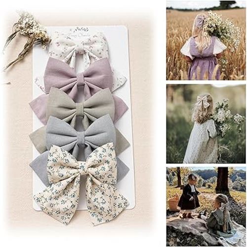 Hair Bows with Hair Clips for Girls Toddler Baby,Handmade 5" Flower Print Embroider Big Bows,FANCY CLOUDS Boutique Hair Accessorioes Gifts for School Kids