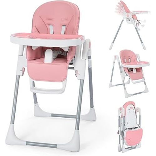 Kinder King Convertible High Chair for Babies & Toddlers, Adjustable Baby Feeding High Chair with Removable Double Tray, Simple Compact Fold for Space-Saving, 2 Built-in Wheels, Easy to Clean, Pink