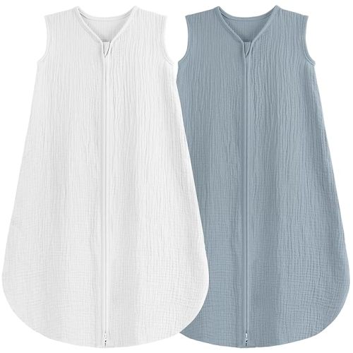 2 Pack Baby Sleep Sack 0-6 Months 100% Organic Cotton Muslin Baby Sleeping Bag 2-Way Zipper Toddler Wearable Blankets Comfy Stretchy Thin Sleep Sacks