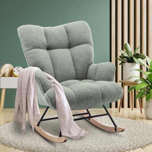Nursery Rocking Chair Teddy, Upholstered Glider Rocker with High Backrest, Comfortable Stylish Accent Armchair with Padded Seat for Living Rooms, Bedrooms, Offices