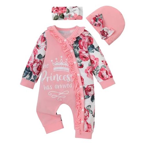 AIBOLYNE Newborn Infant Baby Girl Clothes Outfits Ruffled Longsleeve Romper with Headband Hat Infant Baby Clothes Girls