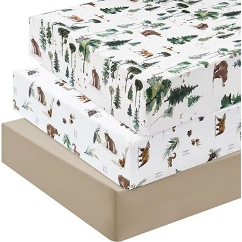 david's kids 3 Pack Fitted Crib Sheets, Ultra Soft Breathable Comfortable Baby Sheet Set for Boys Girls Neutral, 28x52 Inch Fits Standard Crib and Toddler Mattresses, Woodland Animals