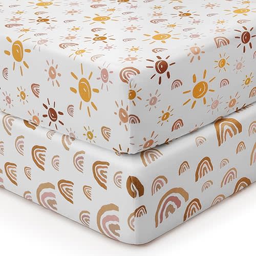 Babebay Crib Sheets for Baby Boys and Girl, Jersey Cotton Fitted Crib Sheet for Crib Mattress & Toddler Bed, Neutral Baby Sheets, 2 Pack(Boho Rainbow)