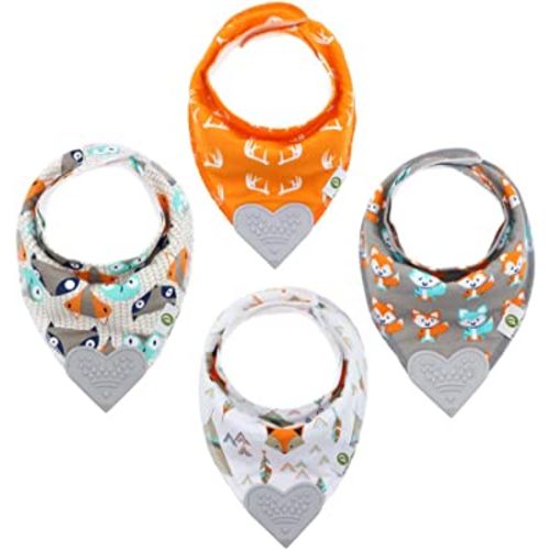 Pickle & Olive Baby Bandana Teething Bibs with Attached Teether - Set Of 4 - Orange Fox