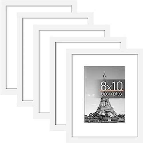 upsimples 8x10 Picture Frame Set of 5, Display Pictures 5x7 with Mat or 8x10 Without Mat, Wall Gallery Photo Frames, White