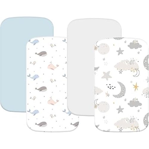 4 Pack Bassinet Sheets (19" x 33"), Compatible with Baby Delight, BabyBond, Dream On Me and Most Rectangle Bedside Sleeper Bassinet Mattress, Soft and Skin-Friendly, Blue Dolphin & Cloud