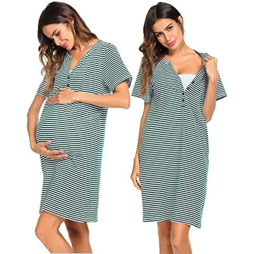 Ekouaer Nursing Nightgown Striped Women Short Sleeve Breastfeeding Sleep Dress Maternity Delivery/Labor Gown