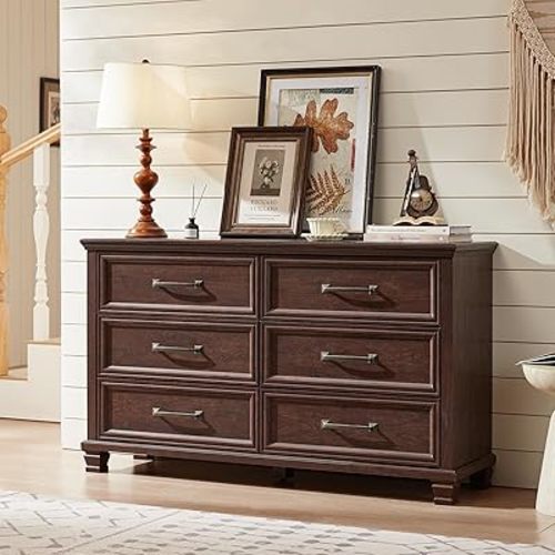 Farmhouse 6 Drawer Dresser for Bedroom, 54 inch Wide Large Vintage Chest of Drawers with Square Solid Wood Legs, Rustic TV Stand for Living Room, Wooden Storage Dressers for Hallway, Walnut